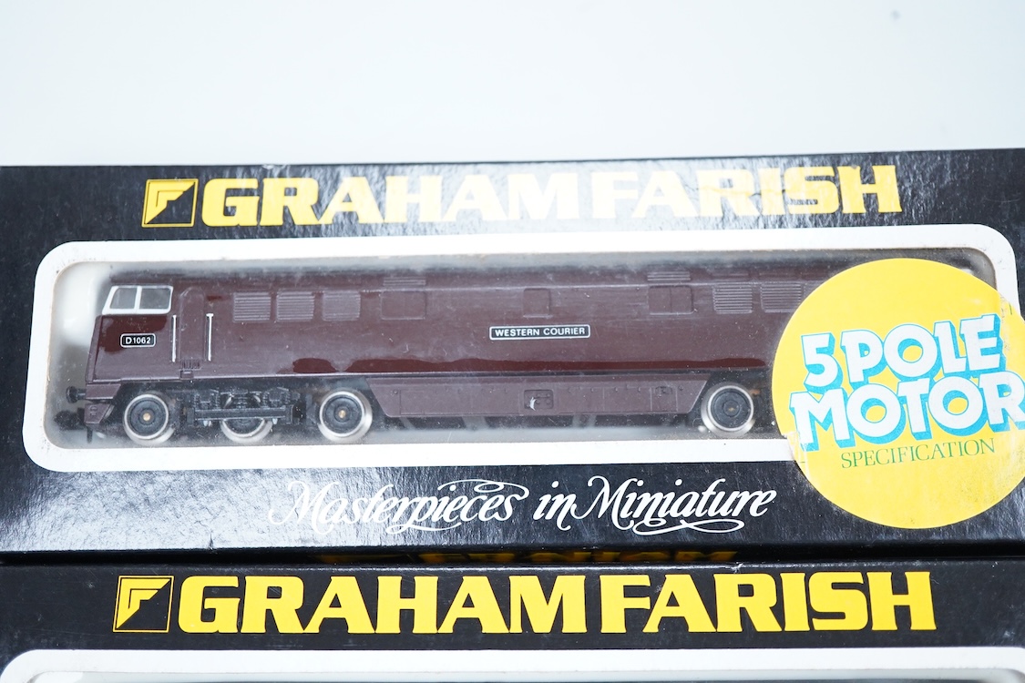 Three boxed Graham Farish N gauge railway diesel locomotives; a BR class 52, Western Courier D1062, (8426), a BR class 52, D1036, (8424) and a Network SouthEast class 50, Superb 50 002 (8408).